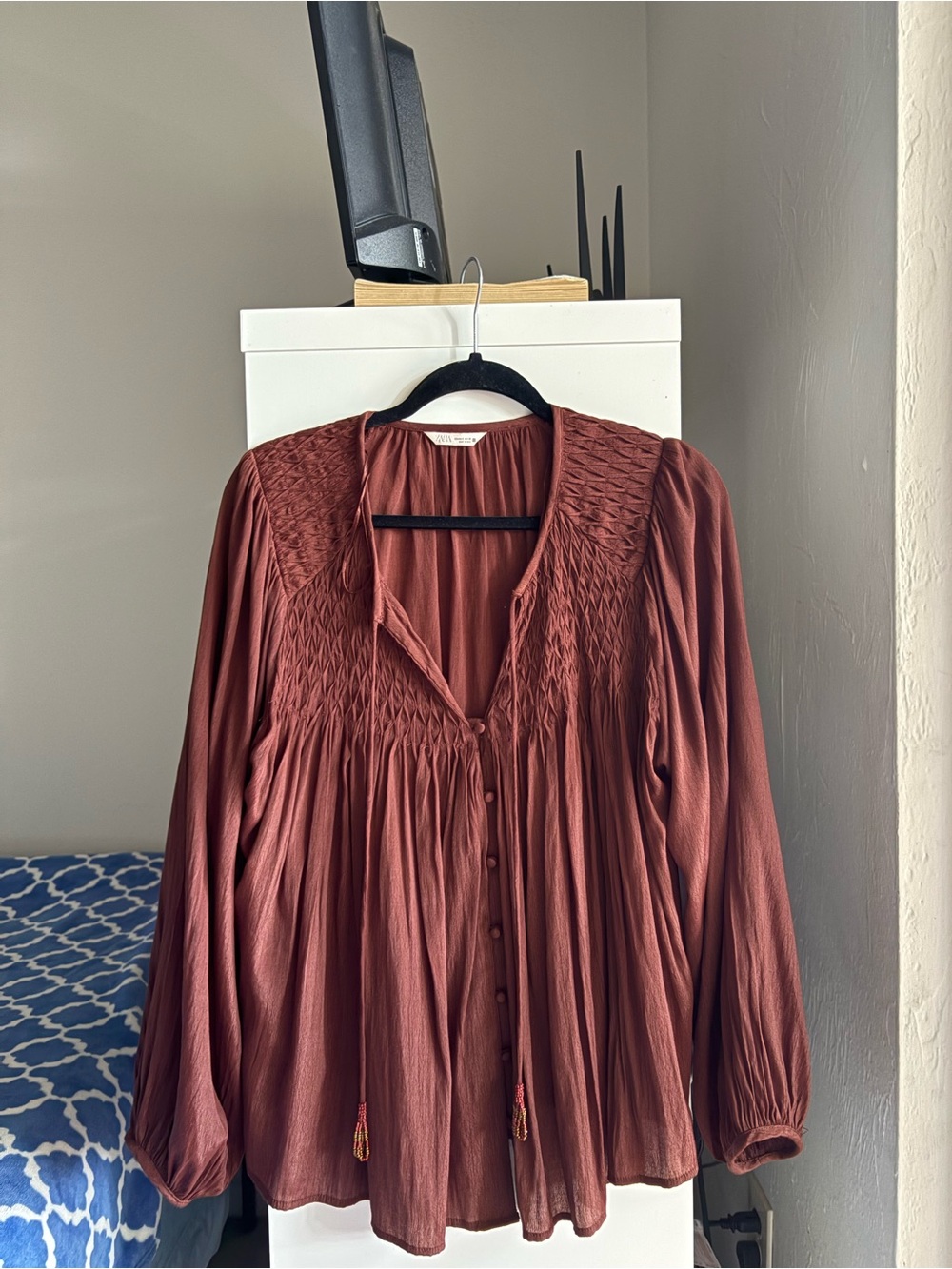Zara Rust Brown Smocked Boho Button-Front Blouse